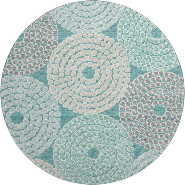 HomeRoots 8' Teal Gray Beige Geometric Round Rug - Washable, UV Protected, Durable for High-Traffic Spaces 670156