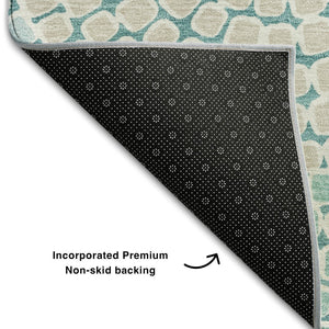 HomeRoots 8' Teal Gray Beige Geometric Round Rug - Washable, UV Protected, Durable for High-Traffic Spaces 670156