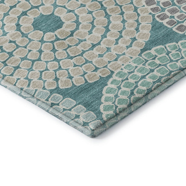 HomeRoots 8' Teal Gray Beige Geometric Round Rug - Washable, UV Protected, Durable for High-Traffic Spaces 670156
