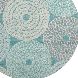 HomeRoots 8' Teal Gray Beige Geometric Round Rug - Washable, UV Protected, Durable for High-Traffic Spaces 670156