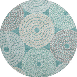 HomeRoots 8' Teal Gray Beige Geometric Round Rug - Washable, UV Protected, Durable for High-Traffic Spaces 670156