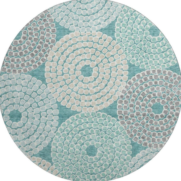 HomeRoots 8' Teal Gray Beige Geometric Round Rug - Washable, UV Protected, Durable for High-Traffic Spaces 670156