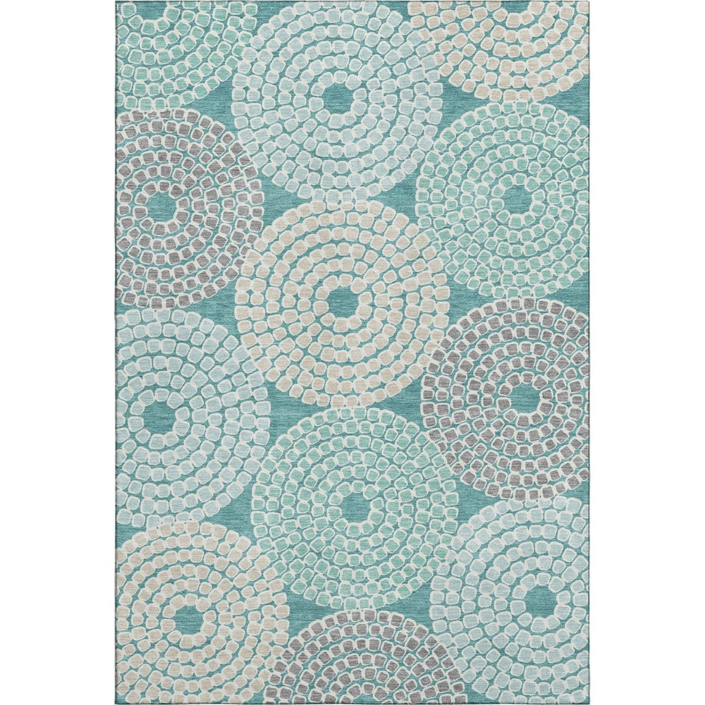 HomeRoots 8' X 10' Modern Teal Gray Beige Geometric Area Rug - Washable, Stain-Resistant, UV Protected! 670157