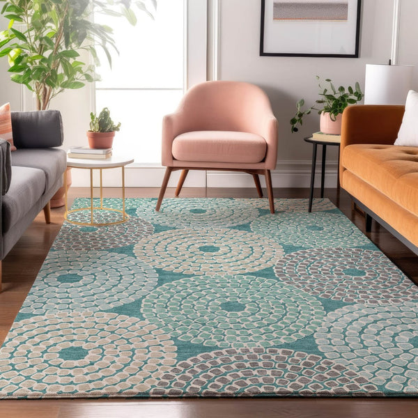 HomeRoots 9' X 12' Geometric Area Rug in Teal, Gray & Beige - Washable, UV-Protected for High-Traffic Spaces 670158