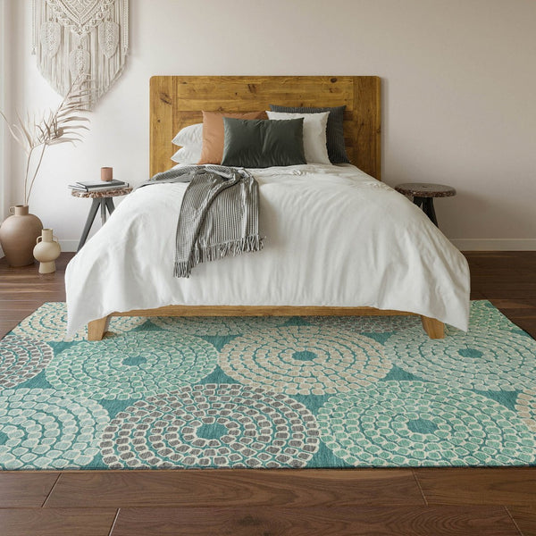 HomeRoots 9' X 12' Geometric Area Rug in Teal, Gray & Beige - Washable, UV-Protected for High-Traffic Spaces 670158