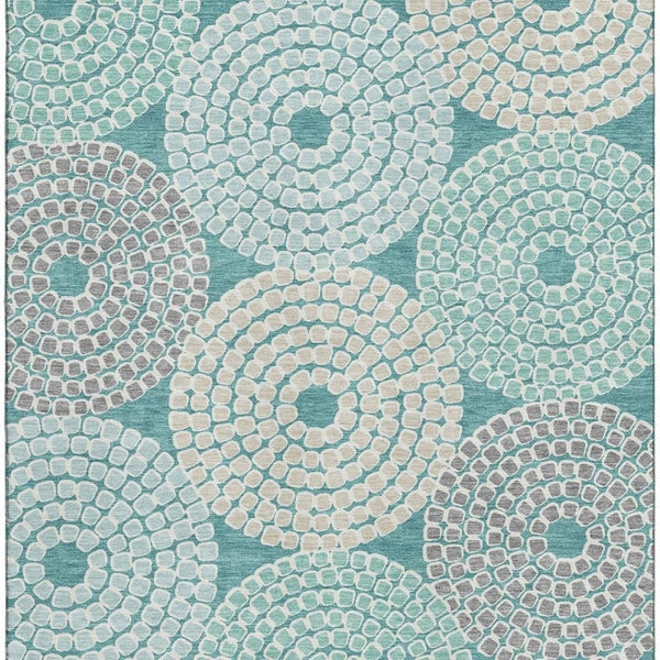 HomeRoots 9' X 12' Geometric Area Rug in Teal, Gray & Beige - Washable, UV-Protected for High-Traffic Spaces 670158