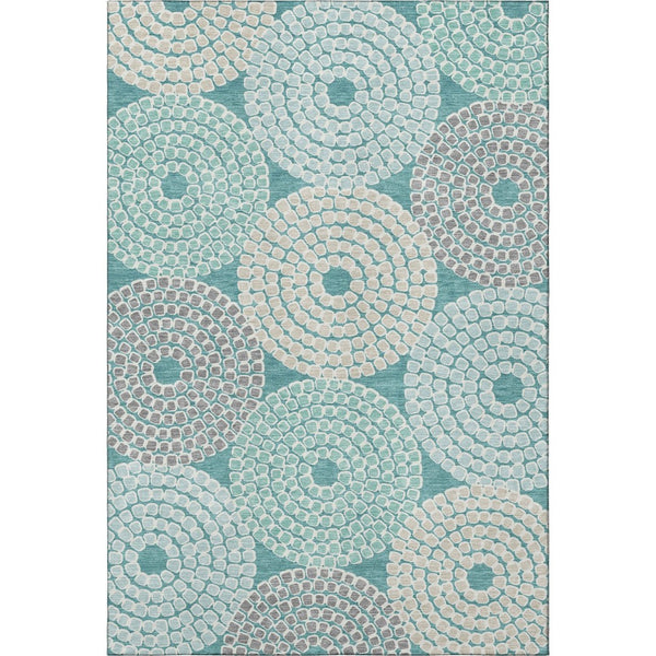 HomeRoots 9' X 12' Geometric Area Rug in Teal, Gray & Beige - Washable, UV-Protected for High-Traffic Spaces 670158