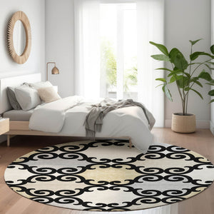 HomeRoots 8' Black Gold Gray Trellis Washable Round Rug - Stylish, Durable, UV-Protected for High Traffic Areas 670162
