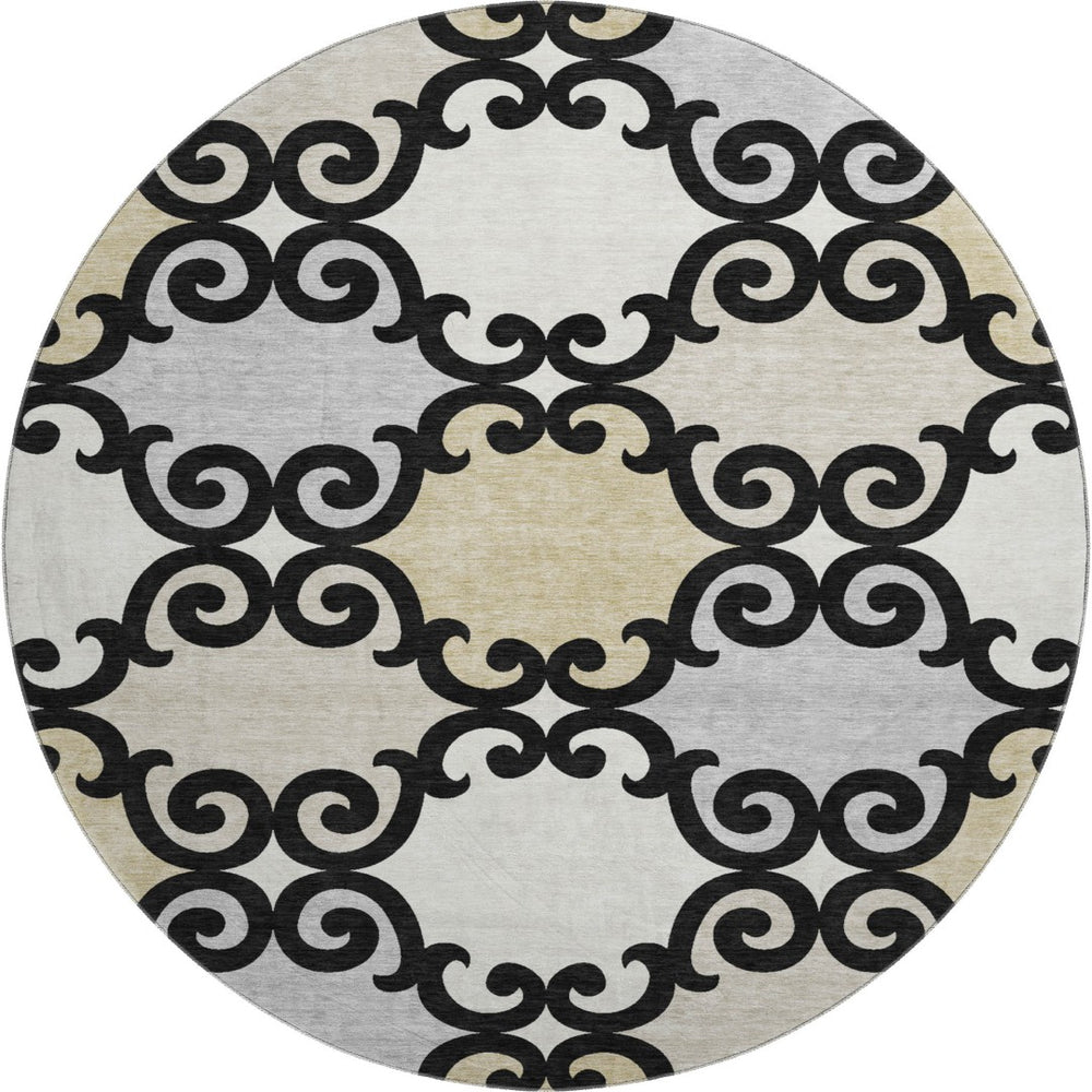 HomeRoots 8' Black Gold Gray Trellis Washable Round Rug - Stylish, Durable, UV-Protected for High Traffic Areas 670162