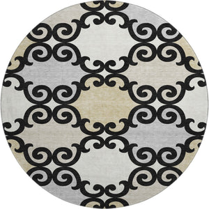 HomeRoots 8' Black Gold Gray Trellis Washable Round Rug - Stylish, Durable, UV-Protected for High Traffic Areas 670162