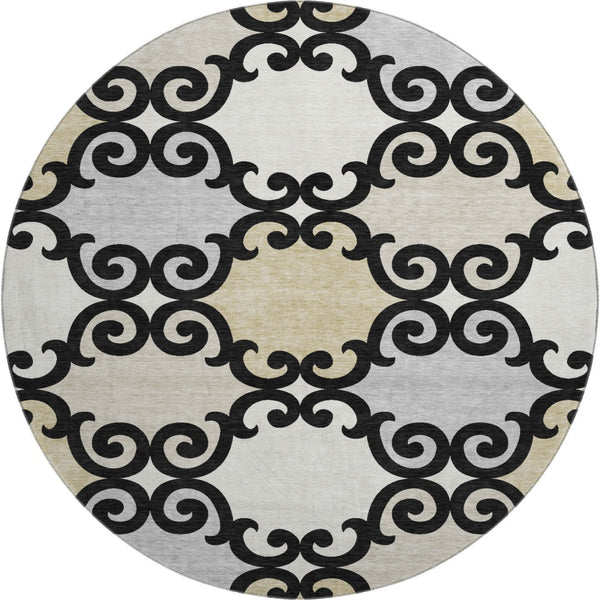 HomeRoots 8' Black Gold Gray Trellis Washable Round Rug - Stylish, Durable, UV-Protected for High Traffic Areas 670162