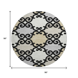 HomeRoots 8' Black Gold Gray Trellis Washable Round Rug - Stylish, Durable, UV-Protected for High Traffic Areas 670162