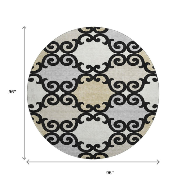 HomeRoots 8' Black Gold Gray Trellis Washable Round Rug - Stylish, Durable, UV-Protected for High Traffic Areas 670162