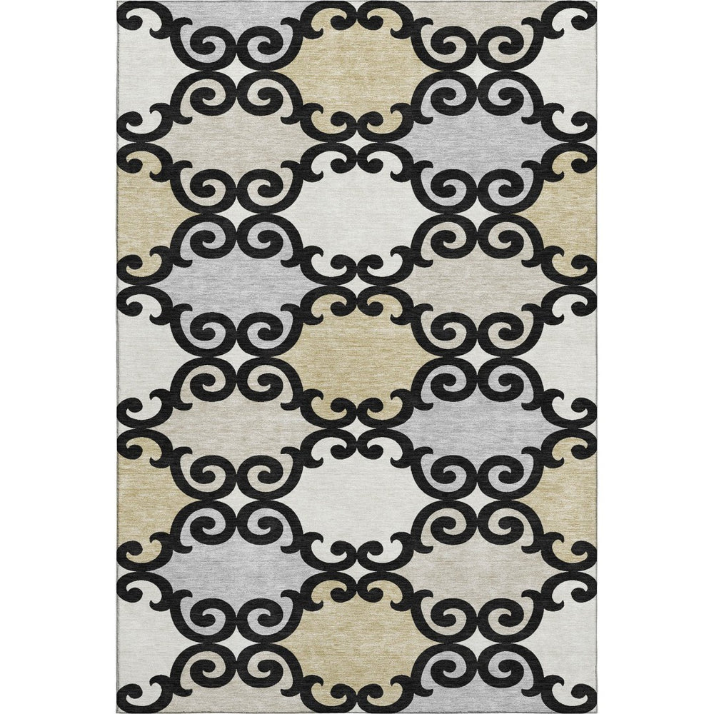HomeRoots 9' X 12' Washable Area Rug in Black, Gold & Gray Trellis Design - Stain & UV Resistant for Busy Homes 670164