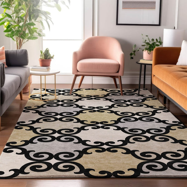 HomeRoots 10' X 14' Trellis Area Rug in Black, Gold & Gray - Durable, Stain Resistant, UV Protected & Stylish! 670165