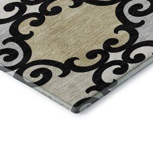 HomeRoots 10' X 14' Trellis Area Rug in Black, Gold & Gray - Durable, Stain Resistant, UV Protected & Stylish! 670165