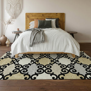 HomeRoots 10' X 14' Trellis Area Rug in Black, Gold & Gray - Durable, Stain Resistant, UV Protected & Stylish! 670165