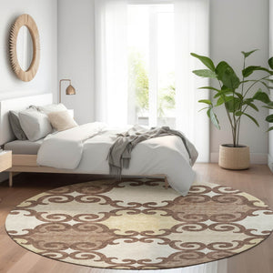 HomeRoots 8' Brown and Beige Trellis Washable Round Rug - UV Protected, Stain Resistant, Ideal for Families! 670168