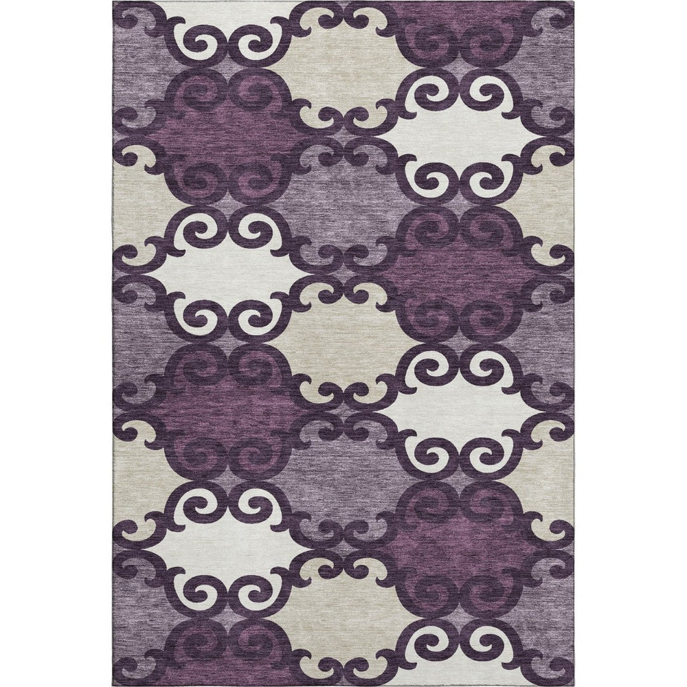 HomeRoots 5' X 8' Stylish Eggplant Beige Ivory Trellis Rug - Stain-Resistant, UV Protected for Busy Homes 670173