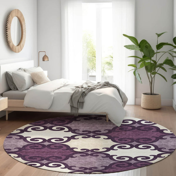 HomeRoots 8' Elegant Eggplant Beige and Ivory Trellis Round Rug - Washable, UV Protected, Stain-Resistant! 670174