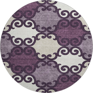 HomeRoots 8' Elegant Eggplant Beige and Ivory Trellis Round Rug - Washable, UV Protected, Stain-Resistant! 670174