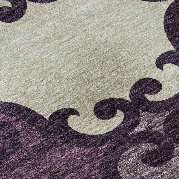 HomeRoots 8' Elegant Eggplant Beige and Ivory Trellis Round Rug - Washable, UV Protected, Stain-Resistant! 670174
