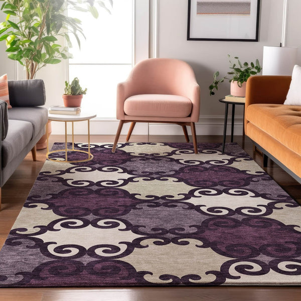 HomeRoots 9' X 12' Elegant Eggplant Beige Ivory Trellis Area Rug - Washable, UV Protected & Stain Resistant 670176