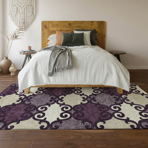 HomeRoots 10' X 14' Eggplant Beige Ivory Trellis Area Rug - Durable, Washable, UV Protected for High-Traffic Spaces 670177