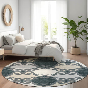 HomeRoots 8' Chic Gray Charcoal & Silver Trellis Washable Round Rug with UV Protection for Active Homes 670180