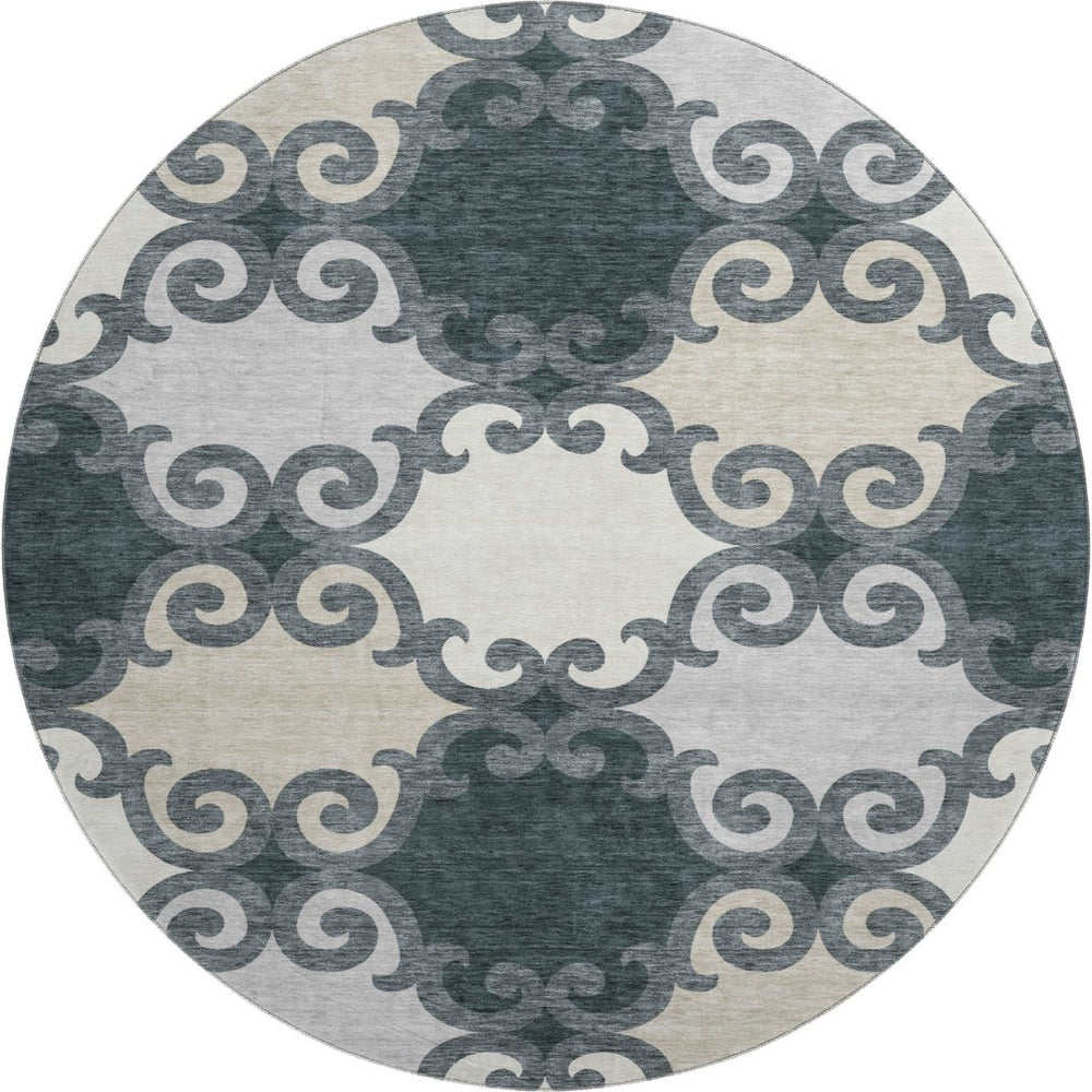 HomeRoots 8' Chic Gray Charcoal & Silver Trellis Washable Round Rug with UV Protection for Active Homes 670180
