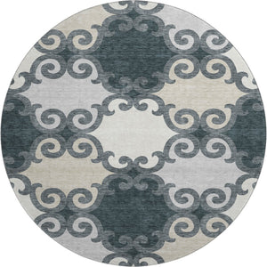 HomeRoots 8' Chic Gray Charcoal & Silver Trellis Washable Round Rug with UV Protection for Active Homes 670180