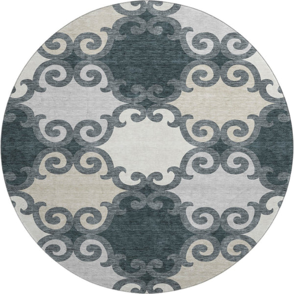 HomeRoots 8' Chic Gray Charcoal & Silver Trellis Washable Round Rug with UV Protection for Active Homes 670180