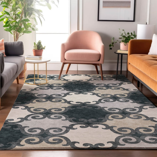 HomeRoots 10' Gray Charcoal & Silver Trellis Machine-Washable Area Rug with UV Protection for Indoor/Outdoor Use 670183