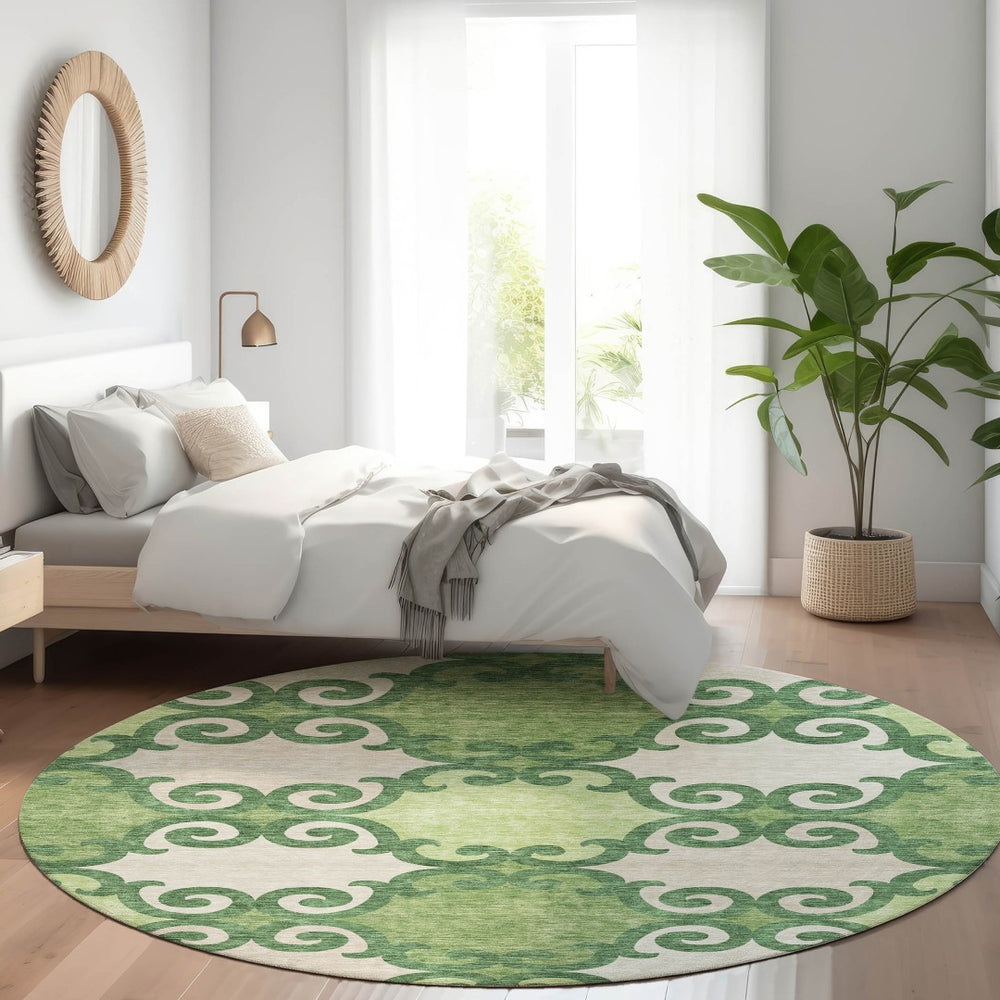 HomeRoots 8' Stylish Green Beige Ivory Trellis Washable Round Rug with UV Protection for High-Traffic Areas 670186