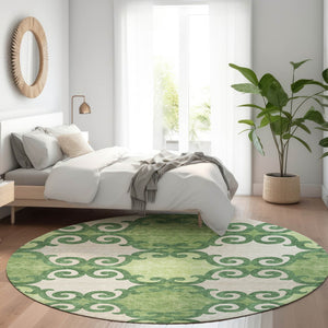 HomeRoots 8' Stylish Green Beige Ivory Trellis Washable Round Rug with UV Protection for High-Traffic Areas 670186