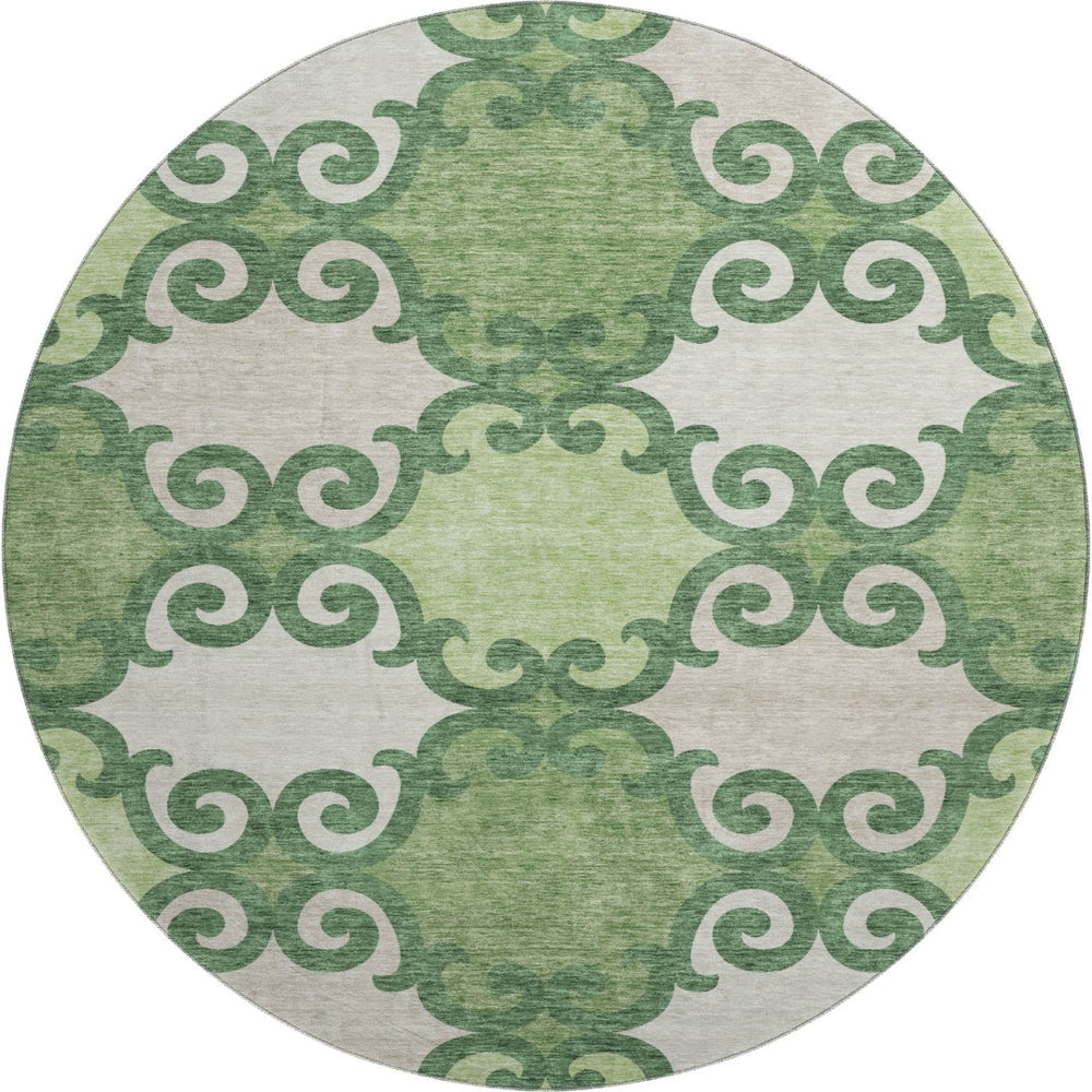 HomeRoots 8' Stylish Green Beige Ivory Trellis Washable Round Rug with UV Protection for High-Traffic Areas 670186