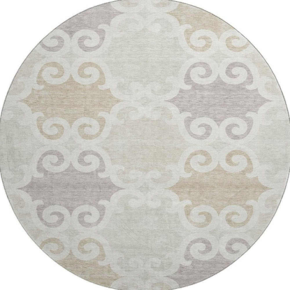 HomeRoots 8' Ivory Beige Taupe Trellis Round Rug - Washable, UV Protected & Stain Resistant for Stylish Durability 670192