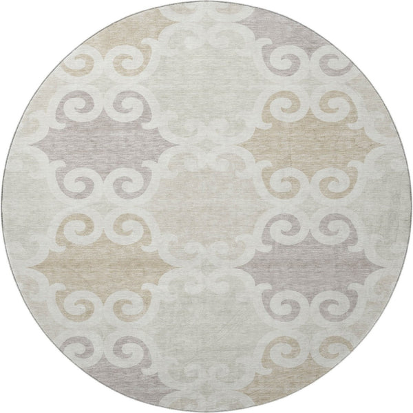 HomeRoots 8' Ivory Beige Taupe Trellis Round Rug - Washable, UV Protected & Stain Resistant for Stylish Durability 670192