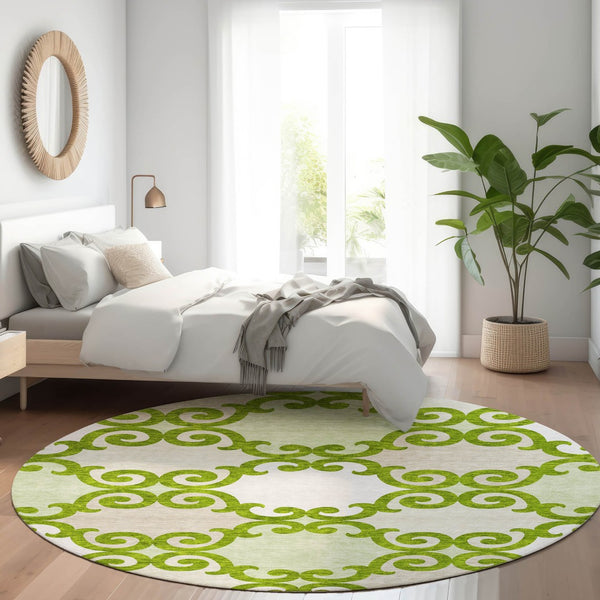 HomeRoots 8' Vibrant Lime Green Trellis Round Rug – Stain Resistant, UV Protected & Washable for Easy Care 670198