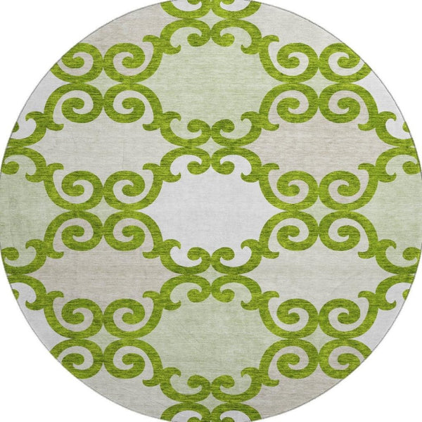 HomeRoots 8' Vibrant Lime Green Trellis Round Rug – Stain Resistant, UV Protected & Washable for Easy Care 670198