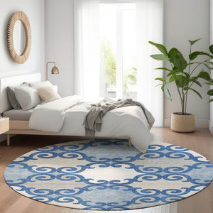 HomeRoots 8' Navy Blue Trellis Washable Round Area Rug with UV Protection, Stain Resistance & Style Appeal 670204