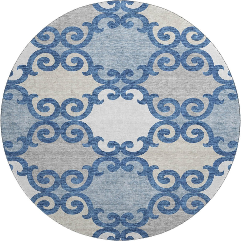 HomeRoots 8' Navy Blue Trellis Washable Round Area Rug with UV Protection, Stain Resistance & Style Appeal 670204