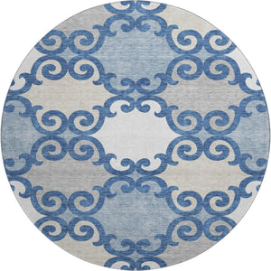 HomeRoots 8' Navy Blue Trellis Washable Round Area Rug with UV Protection, Stain Resistance & Style Appeal 670204