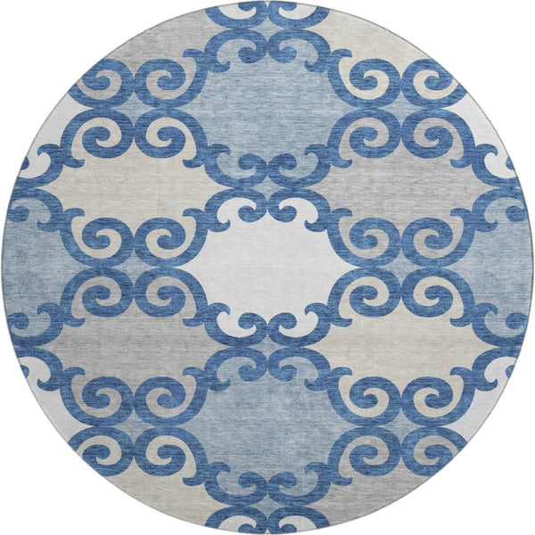 HomeRoots 8' Navy Blue Trellis Washable Round Area Rug with UV Protection, Stain Resistance & Style Appeal 670204
