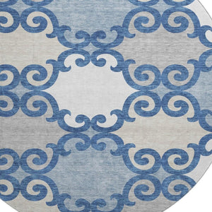 HomeRoots 8' Navy Blue Trellis Washable Round Area Rug with UV Protection, Stain Resistance & Style Appeal 670204
