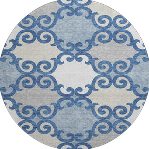 HomeRoots 8' Navy Blue Trellis Washable Round Area Rug with UV Protection, Stain Resistance & Style Appeal 670204