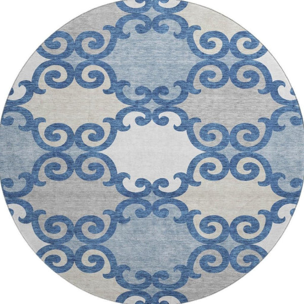 HomeRoots 8' Navy Blue Trellis Washable Round Area Rug with UV Protection, Stain Resistance & Style Appeal 670204