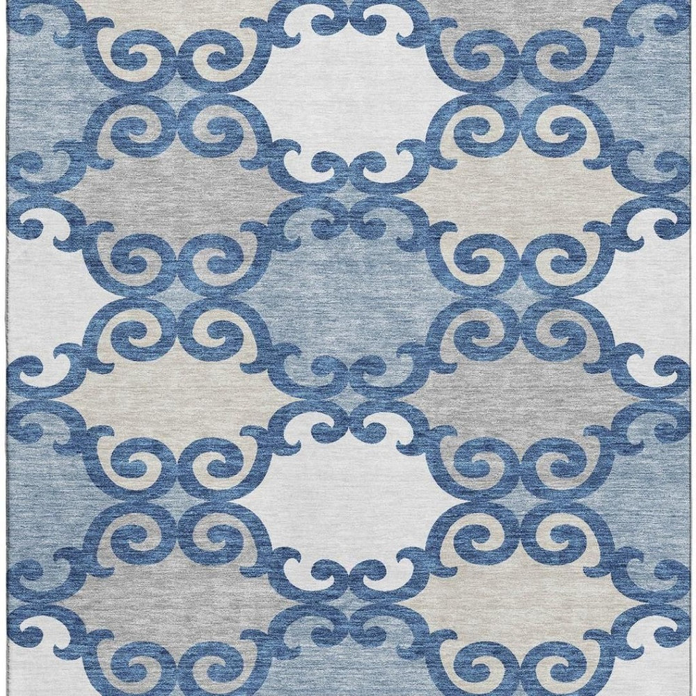 HomeRoots 9' X 12' Washable Navy Blue, Ivory & Beige Trellis Area Rug with UV Protection for Easy Living 670206