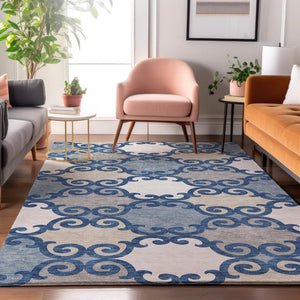 HomeRoots 10' X 14' Navy Blue Ivory Beige Trellis Area Rug - Washable, Stain Resistant, UV Protected for Homes 670207