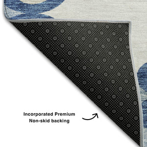 HomeRoots 10' X 14' Navy Blue Ivory Beige Trellis Area Rug - Washable, Stain Resistant, UV Protected for Homes 670207